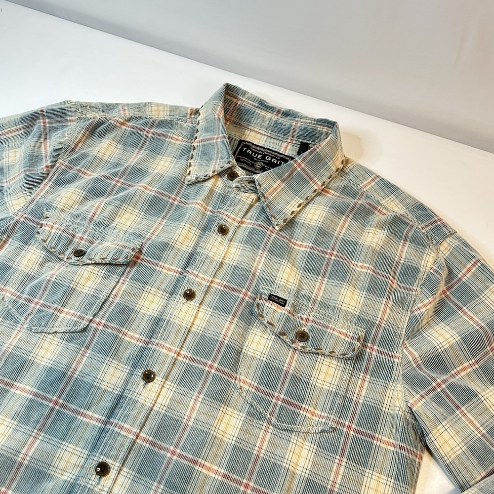 True Grit Corduroy Plaid Shirt Men's Large Blue Western Whipstitch Button Down